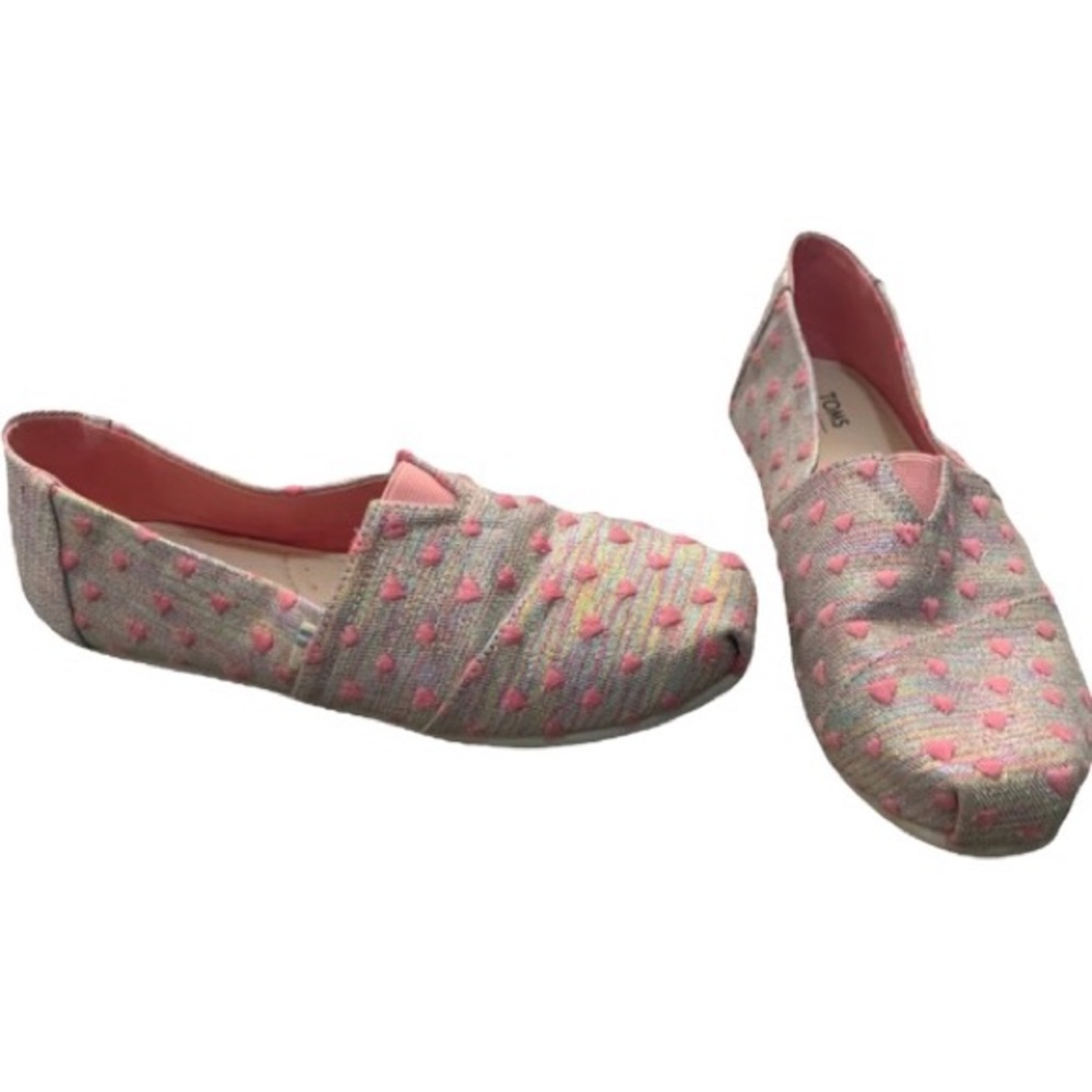 TOMS ALPARGATA PINK/SILVER HEART EMBROIDERED‎ SLIP ON SNEAKER 5Y (YOUTH)